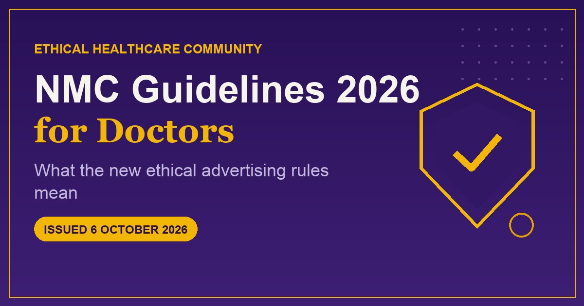 Illustration representing India's NMC 2026 ethical advertising guidelines for doctors — a stethoscope, trust shield and official notice